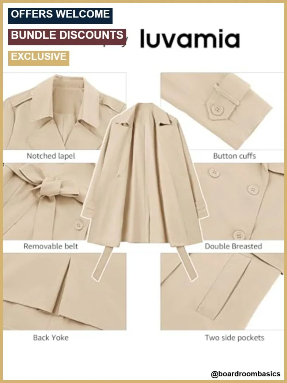 Women's Double Breasted Trench Coat with Belt Long Sleeve Business Casual Fall